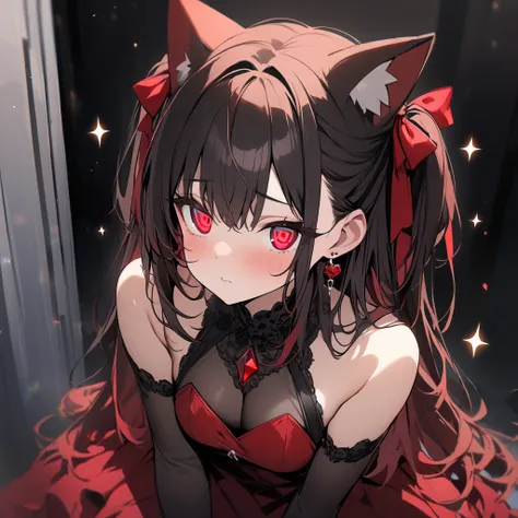  1 girl, masterpiece,  top quality ,  cute、 girl、 two side up,  black hair,  red hair、Cat ears,  red eyes,  dressチュール赤、 sparkle、Earrings、Rose、Transparent eyes　 dress