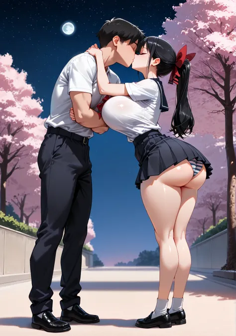  The best quality ,   source   _animated,  Detailed , necessary,  masterpiece,  Not suitable for work, Women ( full body,  big breasts,  slim waist ,   Big Butt,   long hair ,  ponytail tied with a red ribbon  ,  curvy,  dressed in a school uniform with a ...