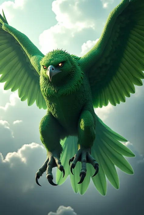 Eagle-Hulk: A muscular eagle with green feathers, sharp talons, and glowing eyes, soaring through the sky.
