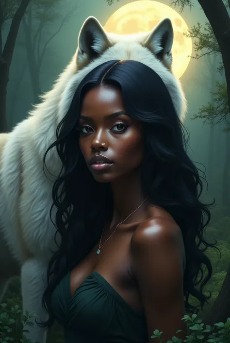 Image of a beautiful black lady with flowing hair and a white wolf behind her and a full moon in the forest