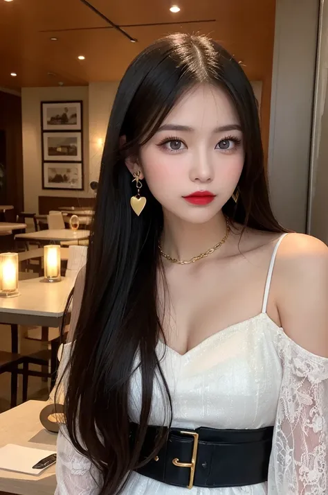 "A photorealistic portrait of a young woman with long straight black hair and striking blue eyes. She is wearing a white dress with a red heart symbol on the chest, paired with a gold chain belt and a black sleeve on one arm. Her makeup features bold red l...