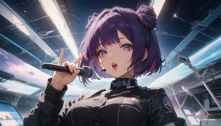 looking straight to viewers, Front straight view shot of A mysterious anime girl with short bob cut, 
dark violet hair cascading down her back, short lengh hairs,
dressed in a sleek black buttoned space shirt with subtle red piping 
and a high-tech collar ...