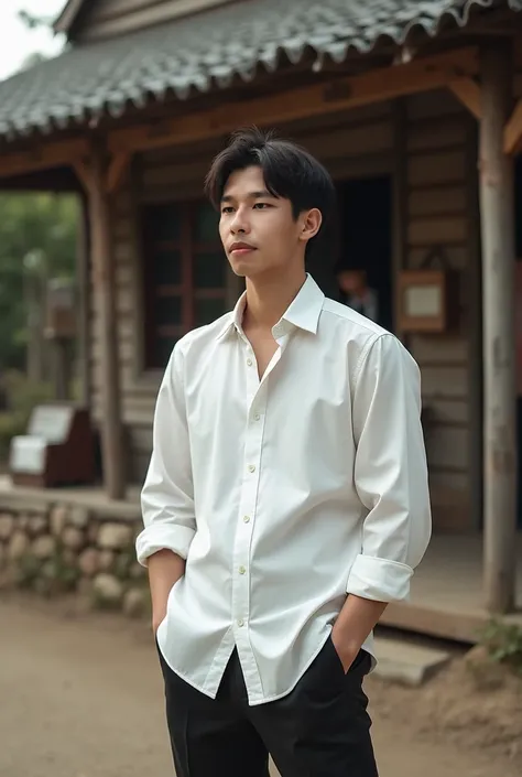 A handsome young Korean, medium haired, fashionable, wearing a white shirt, stands taking pictures against the background as a rural community has an antique grocery store outside the house.