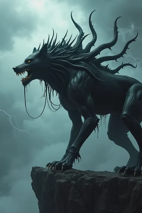 Arachnid Wolf: A wolf hybridized with Venom-like symbiote traits, featuring a glossy black exoskeleton with spider-like patterns. Its mouth stretches unnaturally wide, revealing rows of sharp teeth, while symbiotic tendrils lash out from its back. It howls...