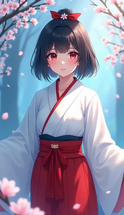 Shrine maiden　front　 upper body　Background blueflower 　 young woman　Red eyes