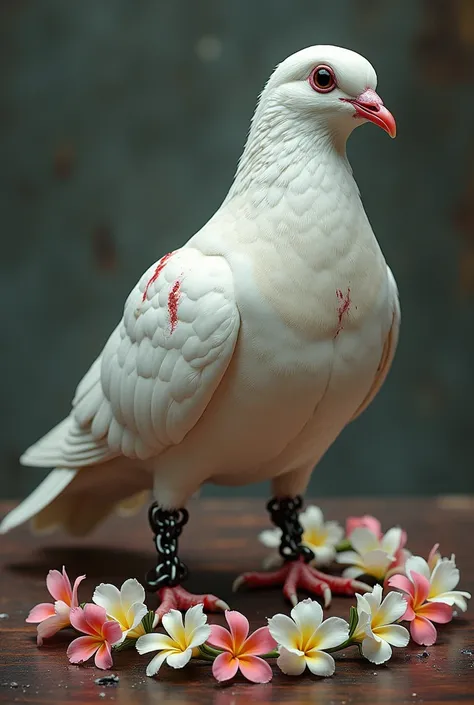 A white pigeon. Pigeon has two wings. A provision of broken wings, bloodstains and leg chains. The fan on the other side is good and the feet are garlanded with Shiuli flowers.