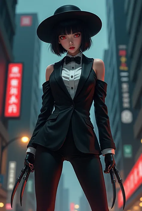 Whole body expression、woman、18 years old、 Black Hair Bob Cut 、 with bangs aligned above the eyebrows、 Japanese、 beautiful girl、 red eyes、It is equipped with metal claws like a rake on the back of the hand、 wearing a tuxedo with her shoulders sticking out、 ...