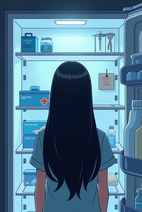  close-up .  The girl with long dark hair .  She is waist-deep in front of an open refrigerator ,  you can only see her from the back .  There are no products on the shelves inside the refrigerator ,  and there are blue medical supplies called “ASKO-MED”, ...