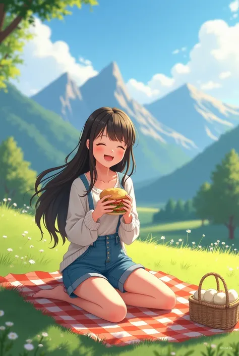 A cute girl sitting on a picnic blanket in a meadow, viewed from a diagonal angle. She is laughing while holding a sandwich, and the background shows a scenic mountain range