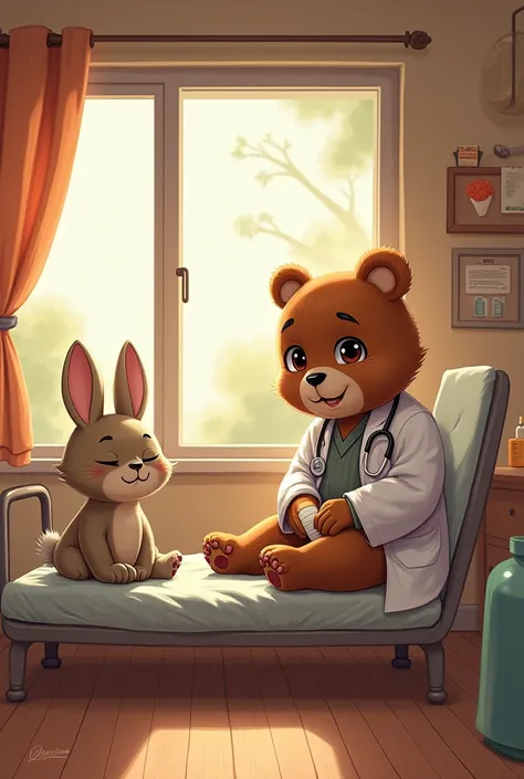 Inside a cozy clinic, a friendly anthropomorphic doctor (perhaps a bear) bandages Billi’s injuries. Billi cat sits on a small bed, looking relieved but tired. The rabbit stands nearby, watching with a supportive smile. The environment is warm and comfortin...