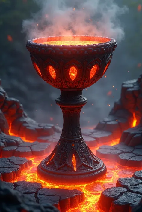 a large, ornate chalice or cup filled with molten lava. The chalice features a dark, intricate design with vibrant red-orange accents that resemble gemstones or molten rocks embedded in the structure. The base of the chalice is surrounded by a pool of lava...