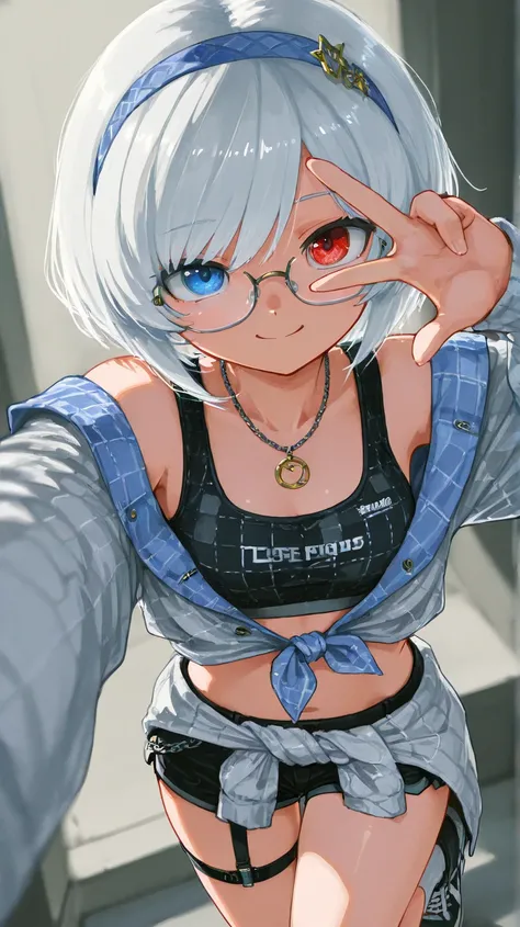 top quality , masterpiece,     748cm style    ,     1 girl,  not bad finger,  heart symbol  ,  v over eye    ,    viewers,  ,smile,,     raise your hand, fingertip 、   short hair、silver Hair  blue headband   (Heterochromia iridis),(left eye,Red eyes),(righ...