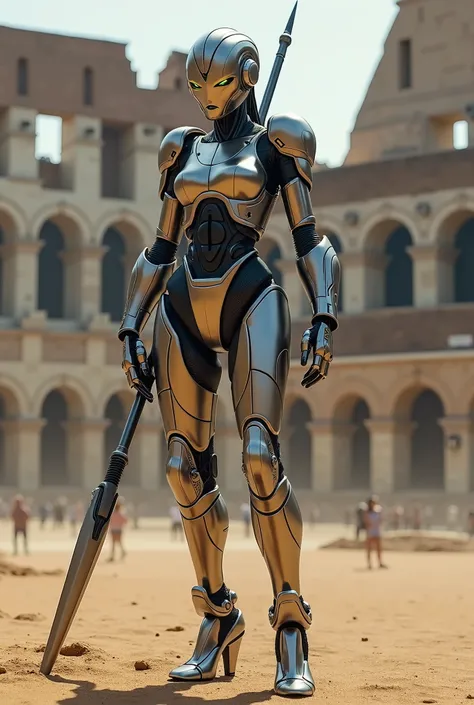 a futuristic female robot gladiator in the ancient Roman Colosseum, wearing body armor, holding a spear in her right hand and a small shield in her left hand, metal thigh-high pumped stiletto boots, fighting