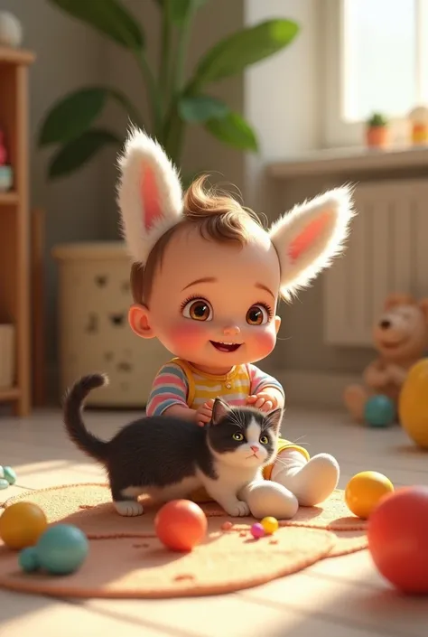 (photorealism:1.2)A bright-eyed brown baby, about a year old, dressed in a colorful striped outfit and white socks, sits on the floor, surrounded by toys. His infectious smile lights up the room as he plays with a black and white kitten, which jumps and hi...