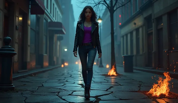 A cracked city sidewalk at night, with glowing embers and sparks rising through the gaps. In the foreground, a stunning young woman in a black leather jacket, purple top, and tight jeans walks, as the dim streetlights and cloudy skies add a mysterious atmo...