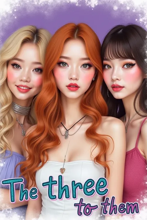  An artsy aesthetic Korean drawing of 3 female pop artists, the first , has wavy long strawberry blond hair, and fairy-like makeup, the second is on the left side she is a female pop artist with styled and dyed blond hair, makeup, smiling,she has a small r...