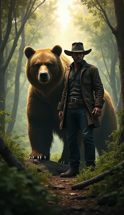  Create an ultra-realistic image 9:16 do personagem morgan red dead redemption e um urso em uma floresta