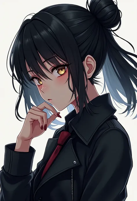 Anime girl, black hair, bun hair, leather jacket, dark style, hazel eyes. Profile icon. hand on chin, face portrait, side profile. Bun hair.