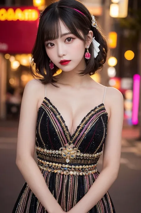 "A photorealistic portrait of a young woman with colorful hair featuring black as the base color with vibrant pink and yellow highlights. She has an elegant updo hairstyle adorned with a decorative hairband and matching accessories. Her makeup is glamorous...