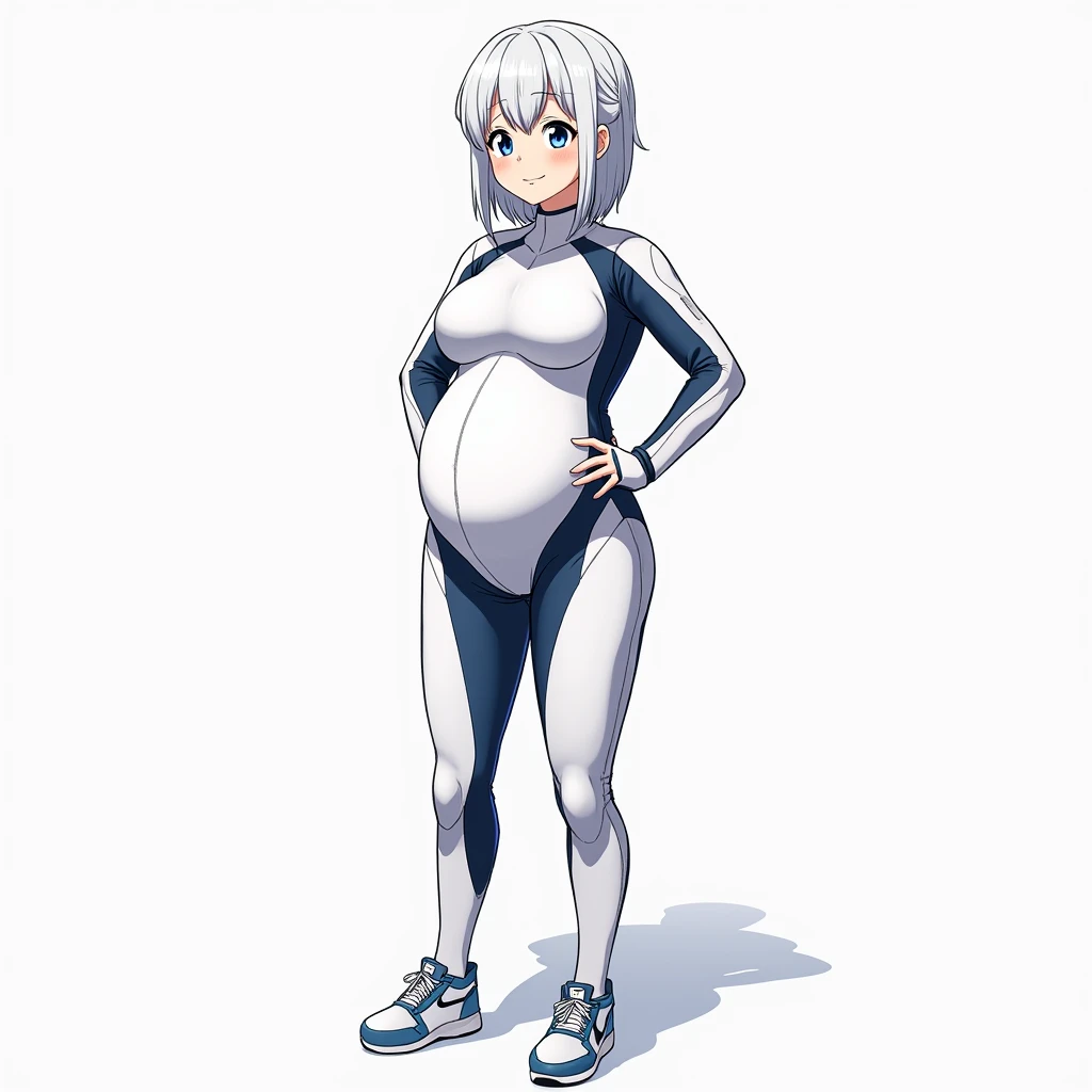 anime girl, big pregnant belly girl,hyper-pregnant girl,anime style, high resolution, big breasts, hyper-pregnant girl with a big belly, white hair, dark blue eyes, smile, big pregnant belly, big hyper-pregnant belly, hyper-large breasts,  white and dark b...