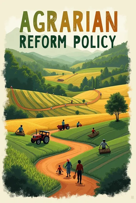 Create a visually striking digital poster collage about agrarian reform policy. The design should include key elements such as farmers working in fields, land redistribution, sustainable agriculture, and government support programs. Incorporate symbols lik...