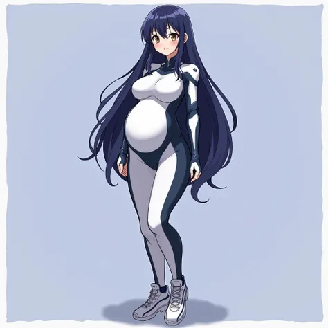 anime girl, long hair, big pregnant, very big breasts, very big belly , hyper-pregnant girl , the biggest belly , anime style, high resolution, big breasts, hyper-pregnant girl with a big belly, dark blue hair, brown eyes full height, smile, big pregnant b...