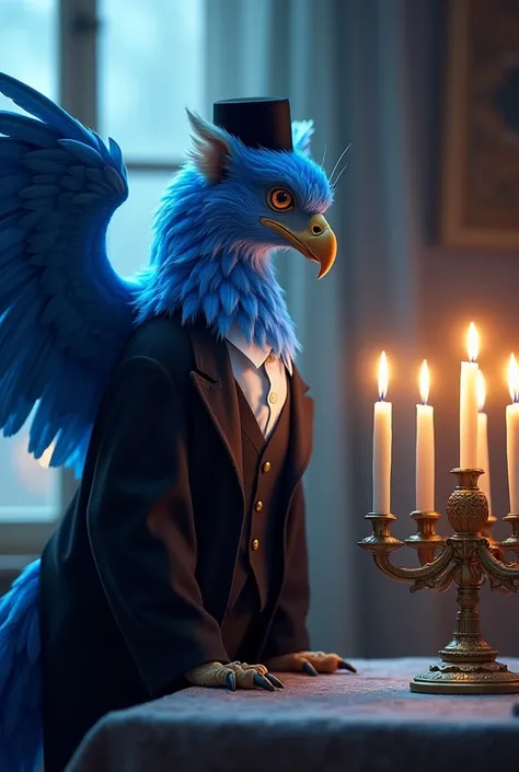 A blue griffin dressed in ultra-Orthodox clothing with a kippah celebrates Hanukkah