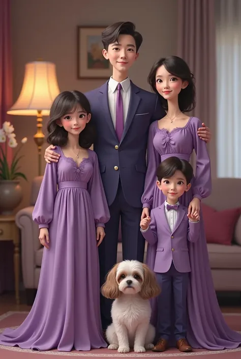 Family, wearing purple clothes, a mother, a father,  girl,  boy, and ang long haired small shitzue