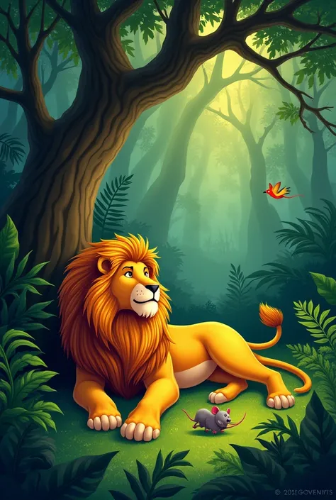 The Jungle and the Lion
A majestic lion with a golden mane is lounging under a large tree in a dense green jungle. Nearby, a small mouse scurries around, unaware of the lion’s presence. The jungle is vibrant, with lush vegetation, colorful birds, and sunli...