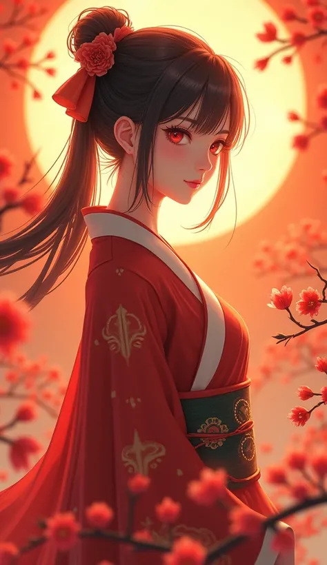 Shrine maiden　front　 upper body　Background orangeflower 　 young woman　Red eyes ポニーテール, リアル