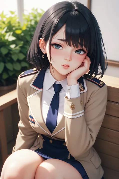 uniform、 with a shy expression 、 black hair、 Japanese、Porori、JC