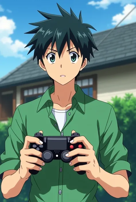 anime man in green shirt holding a video game controller in front of a house, kentaro miura style, miura kentaro style, todays featured anime still, kentaro miura art style, anime handsome man, in the anime film, young anime man, still from tv anime, offic...