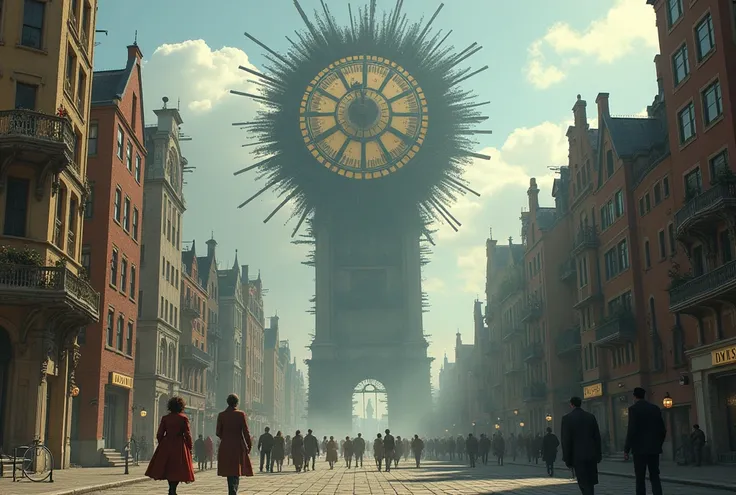 "A massive clock tower stands in the center of a city, its hands spinning backward at incredible speed, as time itself seems to collapse into a singularity. Buildings around the tower are shifting between past, present, and future, with some sections froze...