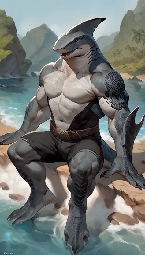 portrait of sharkman, focus on upper body, gray belly, black and blue hands and fins, black back, solo, big arms, bara, detailed smooth skin, lizard shark hybrid, anthro, closed mouth, tribal shark tattoos on the body, detailed scales, scalie arms, muscula...