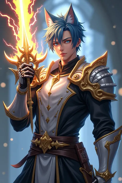 (1boy) A young anime man, wolfcut faded blue hair, shining silver eyes eyes, wielding a blade covered in flames and crackling electricity in one hand and an ornate mask in the other, wearing a black tunic with a white breast plate and shoulder guard encrus...