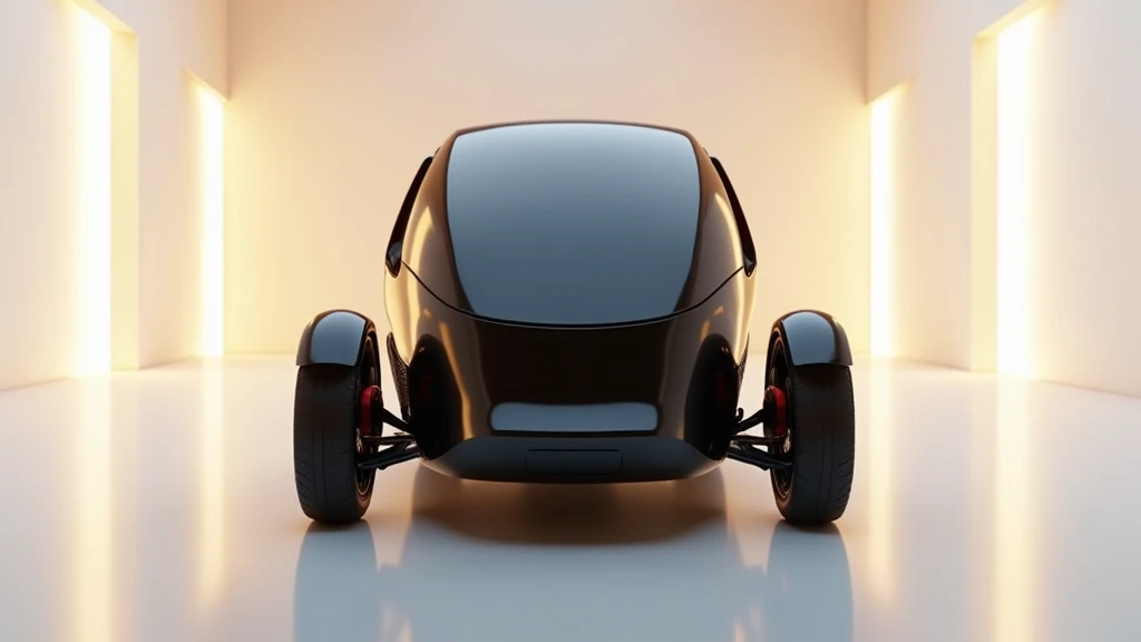 close front view of a black   2025  Tricycle camper  standing in a white luxury showroom. The showroom has warm white and golden hue lights.