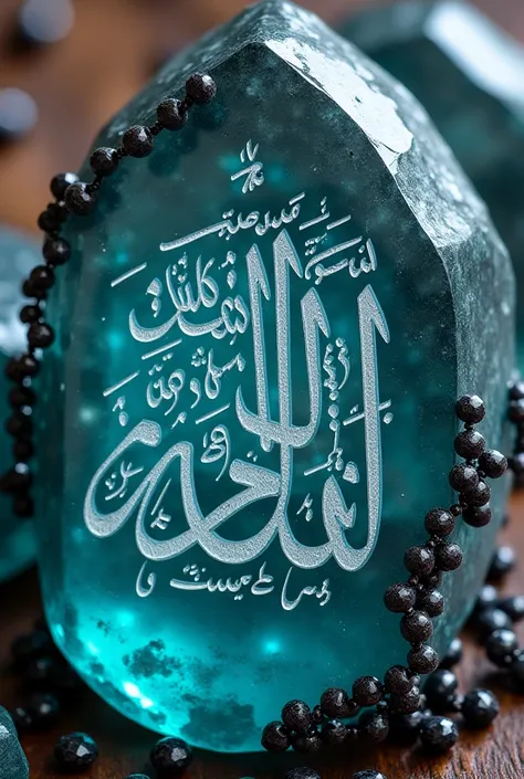 Calligraphic inscription Ya Allah Ya Baasith on an old and unique Aquamarine stone and covered with black diamond beads with carvings 