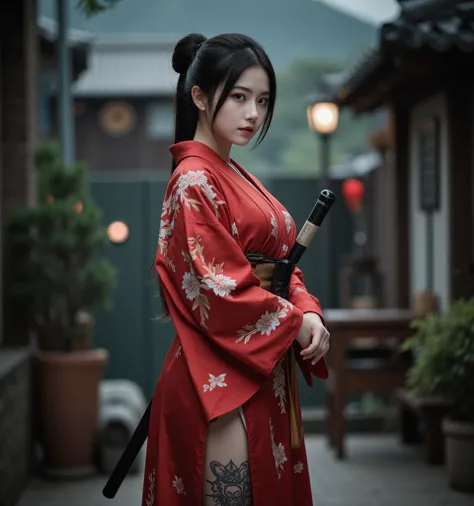 (((female ninja)))、(((Kunoichi)))、((shinobi kimono))、Beautiful legs、tattoo、Ninja Weapon 、Japanese style background、Background The fantastic ancient capital of Japan、 with hair tied together、 black hair、 sexy、20 years old、woman、 cute、super detailed,((( real...