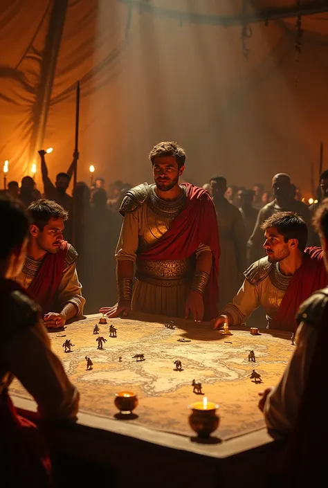 Alexander the Great stands in a grand tent illuminated by the flickering light of oil lamps. Maps of uncharted territories spread across a massive table, adorned with markers and figurines representing his forces. His eyes burn with determination as he poi...