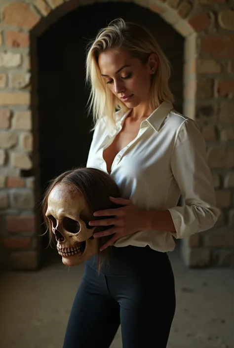 A cute and attractive 40-year-old woman, Athletic ,with blonde short straight hair and green eyes, wearing black lycra tissue leggings, a skinny white silk blouse, and blackheels. Holding a cute brune woman decapited dead head, In a crypt 