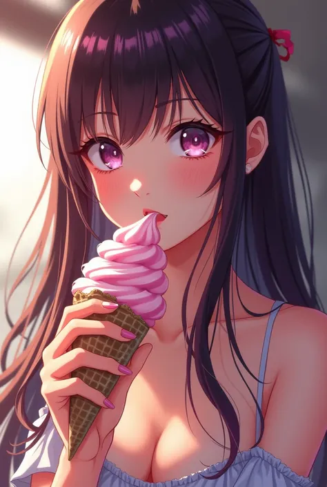 Anime girl eating soft serve、 beautiful hands、Good move、Seductively the most beautiful girl of all time 、A girl in anime style,  Beautiful Hair and Big Shining Eyes 