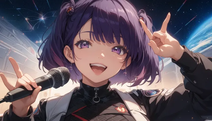 happy face, front pose, Front straight view shot of A mysterious anime girl with short bob cut, 
dark violet hair cascading down her back, short lengh hairs,
dressed in a sleek black buttoned space black shirt with subtle red piping 
and a high-tech collar...