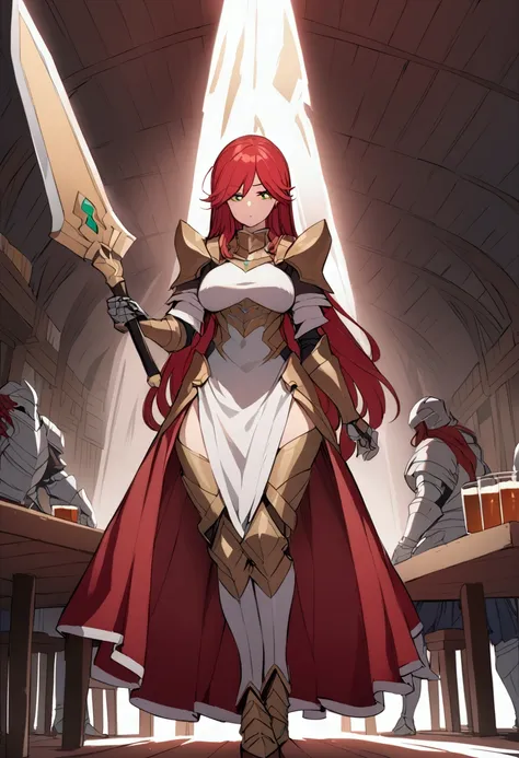  tall woman with heavy full armor bronze color,  red hair,  green eyes,   giant sword , in a tavern 