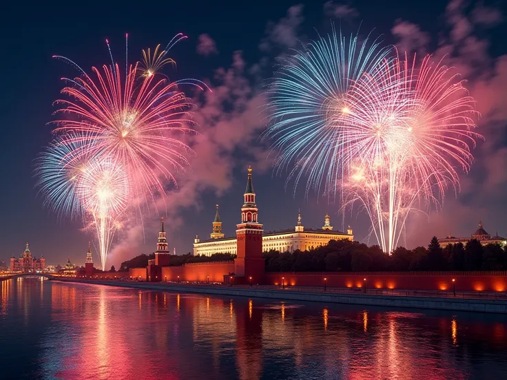 fireworks for the new year in front of the Kremlin