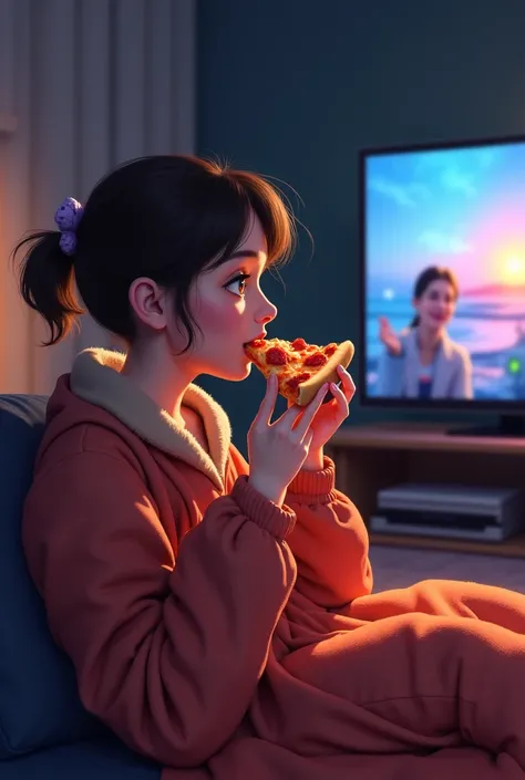 A girl wrapped in a blanket chews pizza and watches a series