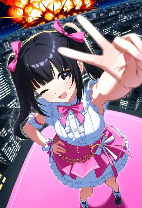 Giant Girl、Idol costume with frills、 miniskirt、 pink idol costume、Around town、Buildings、 building、Big Explosion、from above, Dynamic Angle、LOL、 twin tails、bangs、 black hair、wink、 peace sign、Idol Pose、night景、night