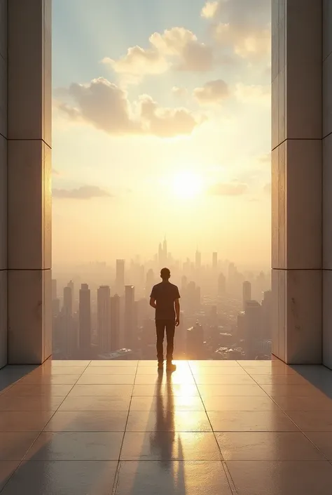 Totally open and large area at the top of a building in the late afternoon,  first-person view 