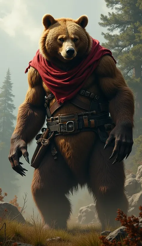  Create an ultra-realistic image 9:16 of a hybrid monster from the fusion of the character Morgan from the Red Dead and a bear .  The creature must have the distinct characteristics of both animals , blending their unique traits powerfully and intensely 