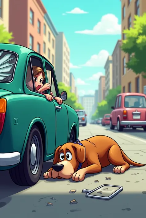 Now do car hitted this dog and this dog is unconsciousness and cars window broke make it cartoon