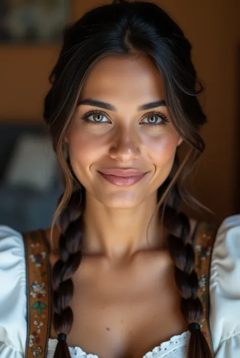 A beautiful 20 years old indian girl with her hair in braided pigtail , wearing a dirndl, and with cum on her face, very realistic picture, reflex canon professional picture, (supermodel face)